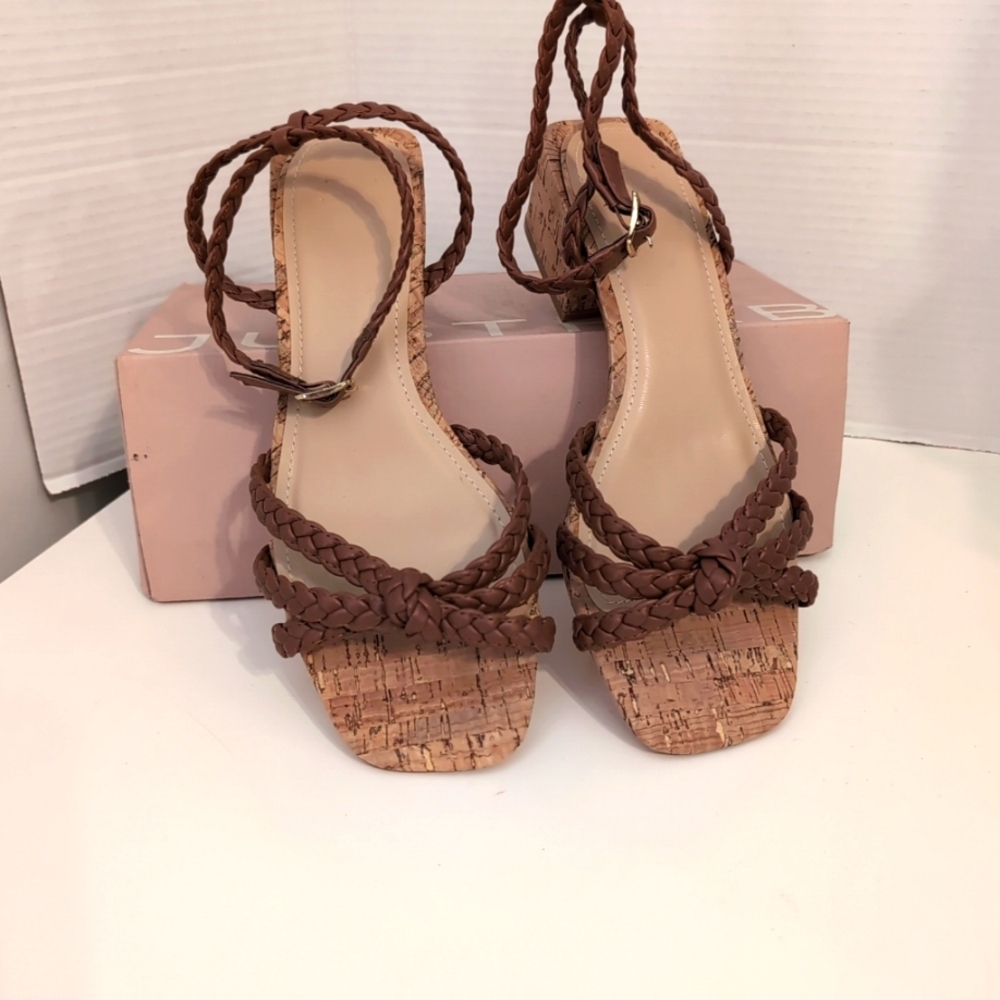 JustFab Women's Coho Brown Braided Strappy Heeled‎ Sandals Size 9.5